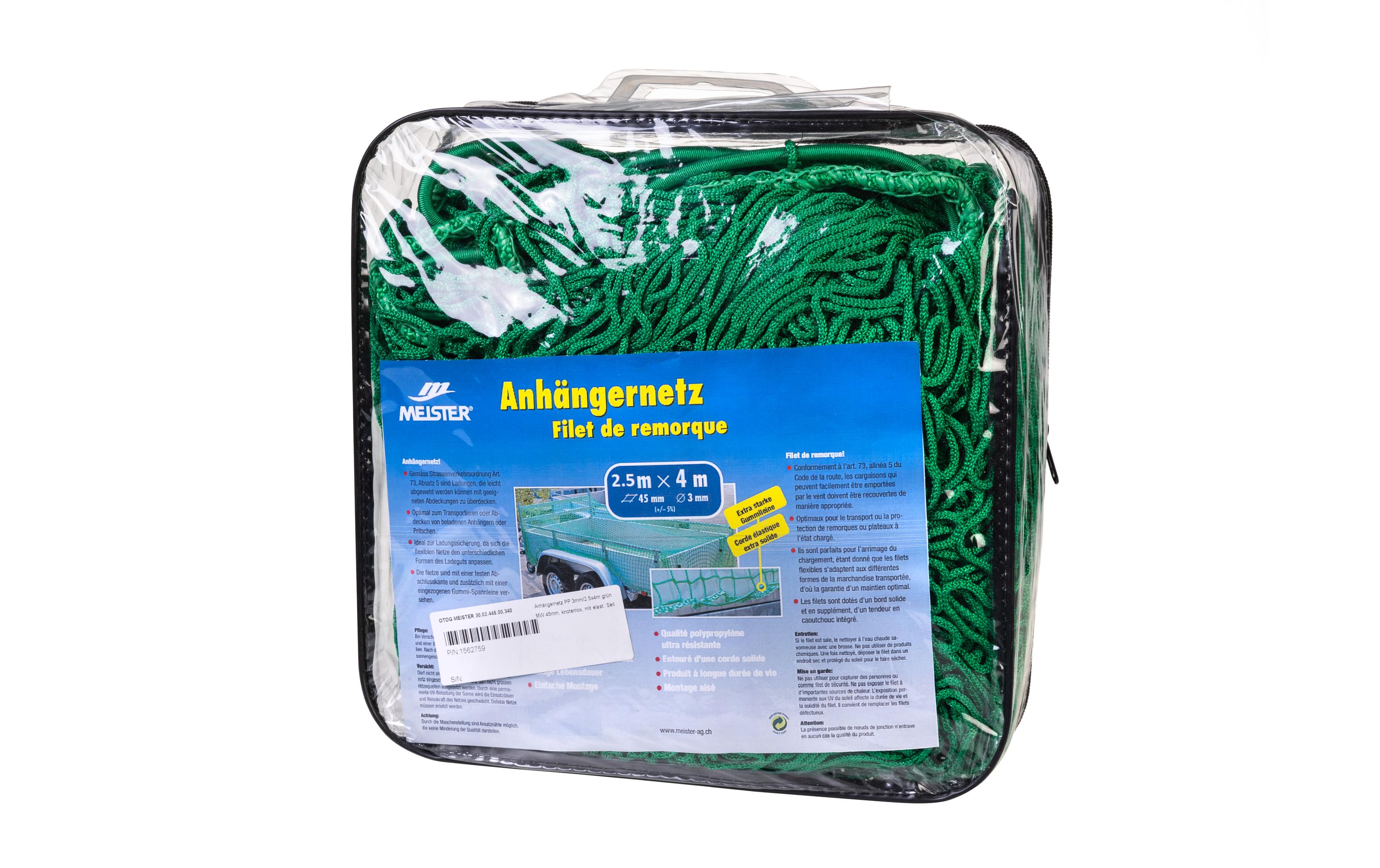 Anhängernetz knotenlos, Ø 3 mm / 2.5 x 4 m, Grün<br>Netz zur Ladungssicherung mit elastischem Seil