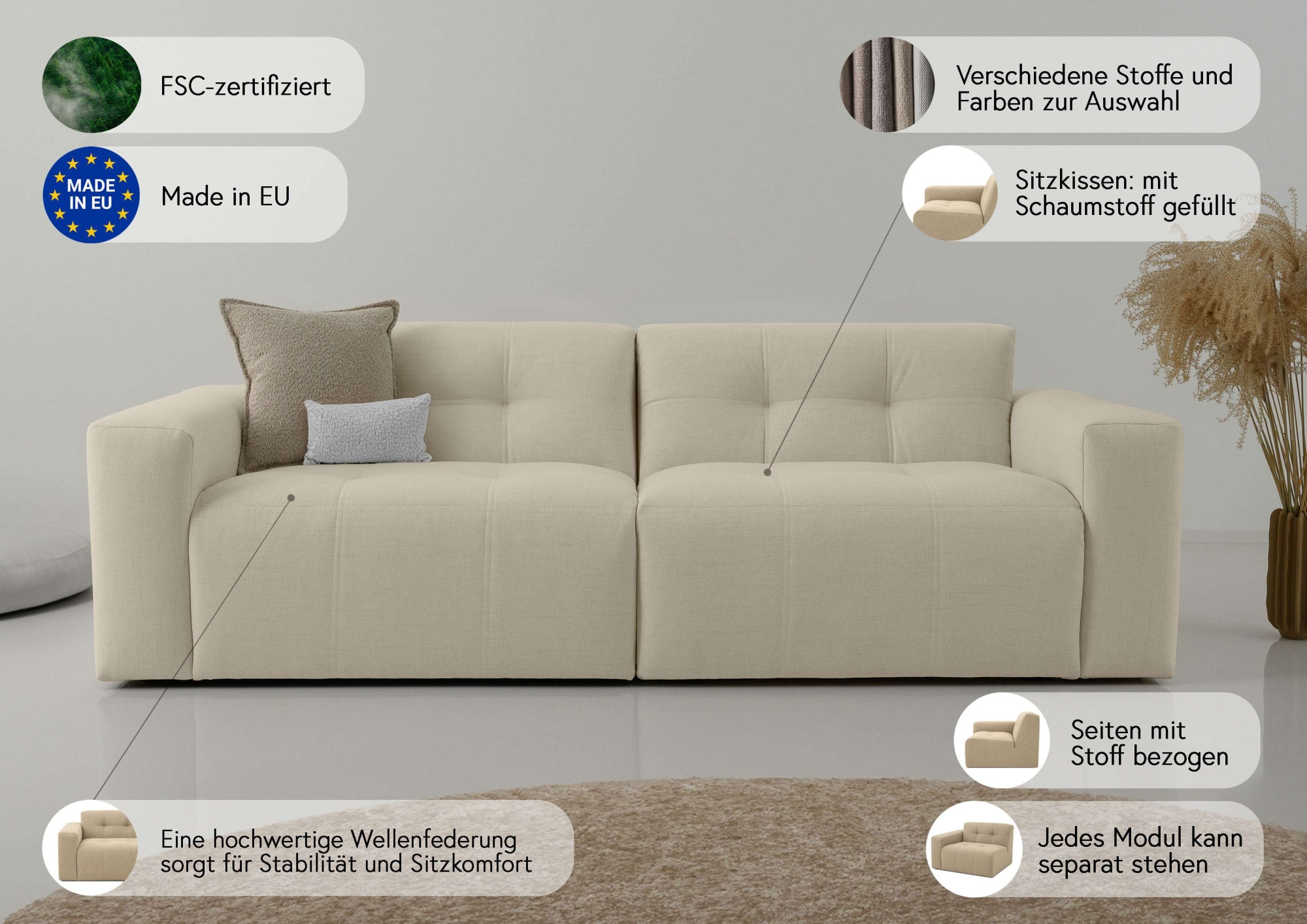 GOODproduct 3-Sitzer »Tapley« Breite 220 cm,Boucle, Struktur fein, mit Knopfsteppung, bodentief