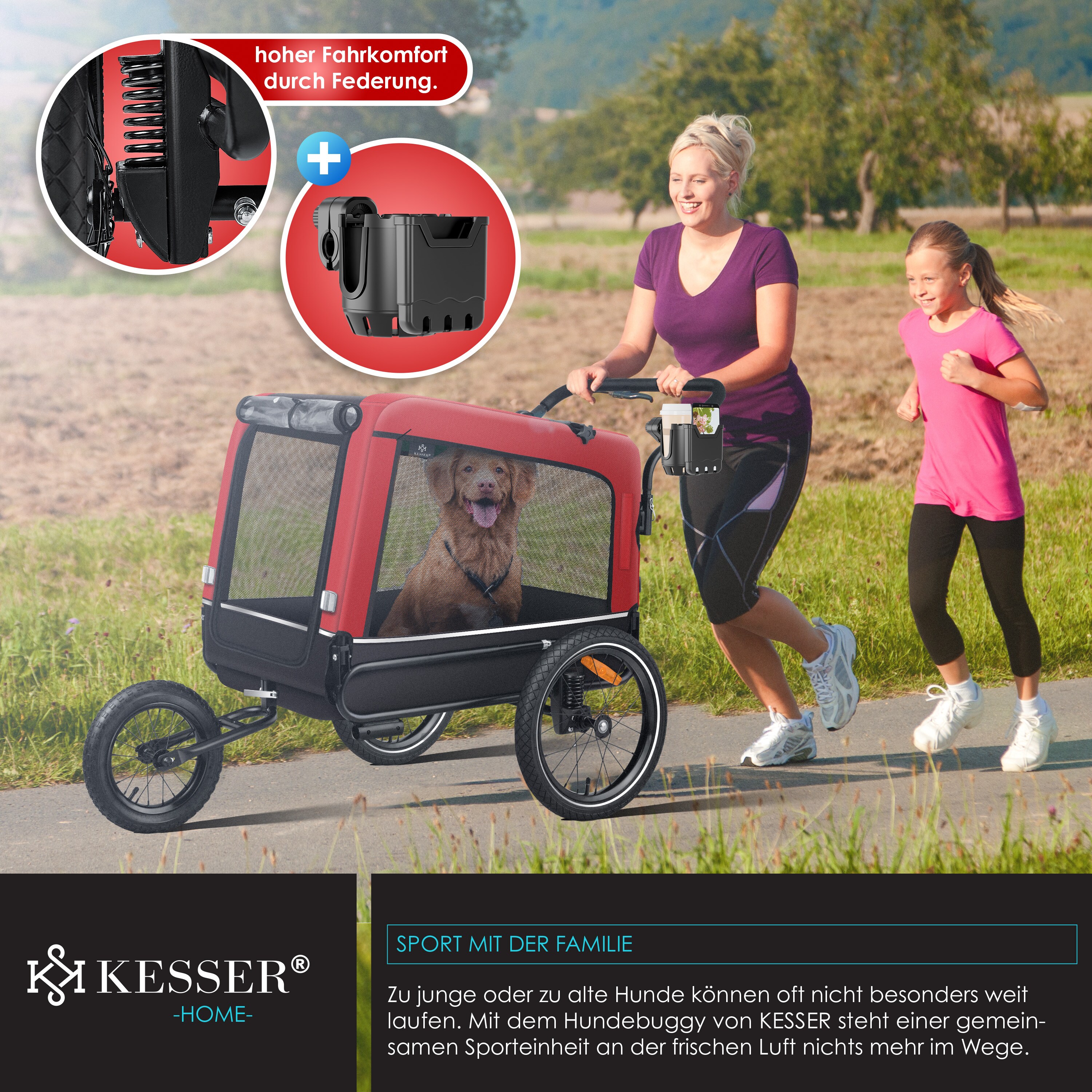 KESSER® Hundeanhänger Boxer 3-in-1 Hundebuggy & Jogger Fahrradanhänger groß ca. 240 Liter Volumen, gefedert, Material: 600D Oxford Canvas, SmartSpace Concept, maximale Belastbarkeit: 40 kg