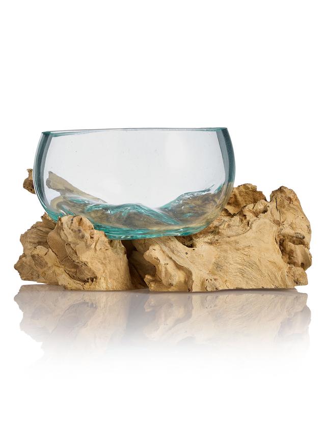 Teakholz mit Glasschale, ca. 16 cm
