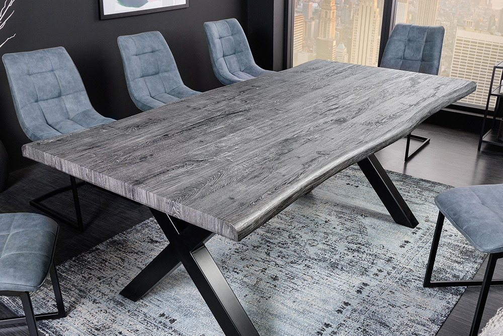 Industrial Esstisch WILD 180cm grau gekälkt Wildeiche-Design Baumkante schwarz  X-Gestell