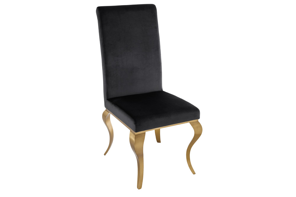 Eleganter Stuhl MODERN BAROCK schwarz Samt goldene Stuhlbeine aus Edelstahl