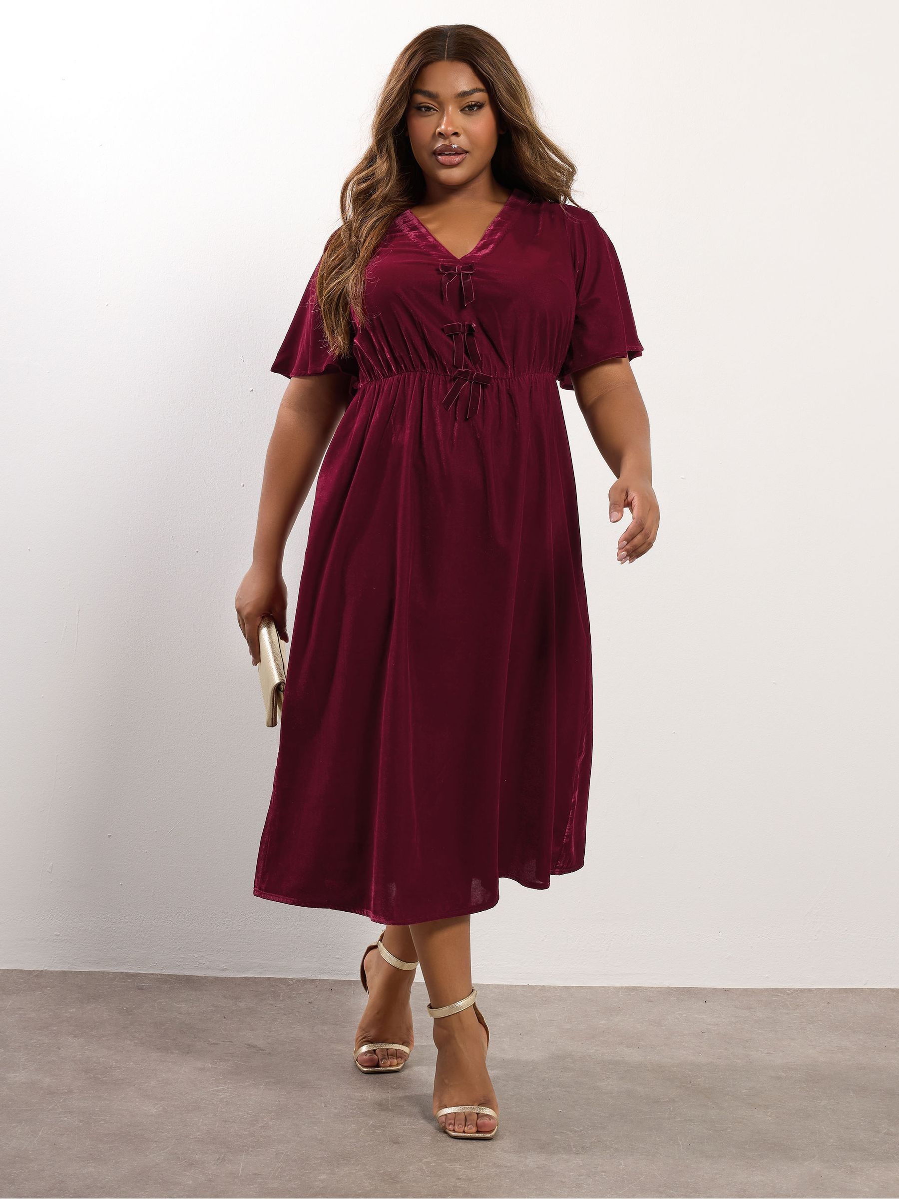 Rood - Yours Curve Party Velvet Maxi Bow Dress