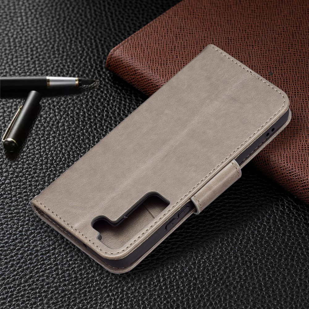 Samsung Galaxy S22 5G Leder Tasche mit Kartenfach   Handschlaufe Schmetterling - Grau