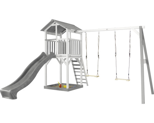 axi Beach Tower speeltoren met dubbele schommel en glijbaan, grijs hout, grijs en wit