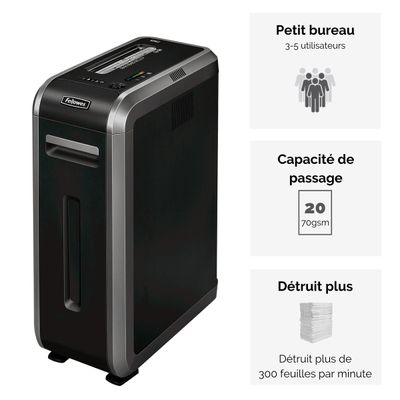 Fellowes Powershred 125Ci - destructeur de documents coupe croisée - 20 feuilles - Corbeille 53 litres - sécurité SafeSense