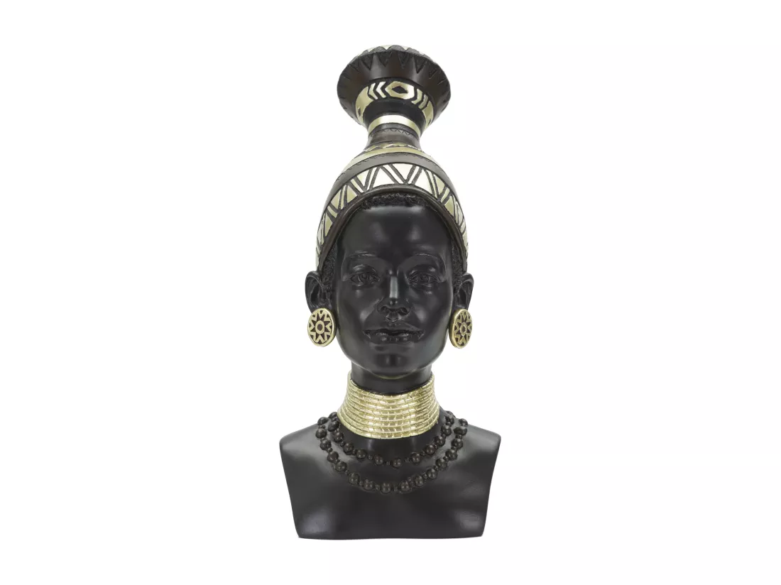 Sculpture tête de femme Masai avec coiffe et bijoux tribaux, 23x19x38,5 cm, statue en résine noire et couleurs mixtes, inspirée des traditions.
