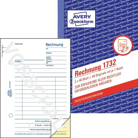 Avery Zweckform 1732 Rechnung, A6, selbstdurchschreibend, 2x40 Blatt