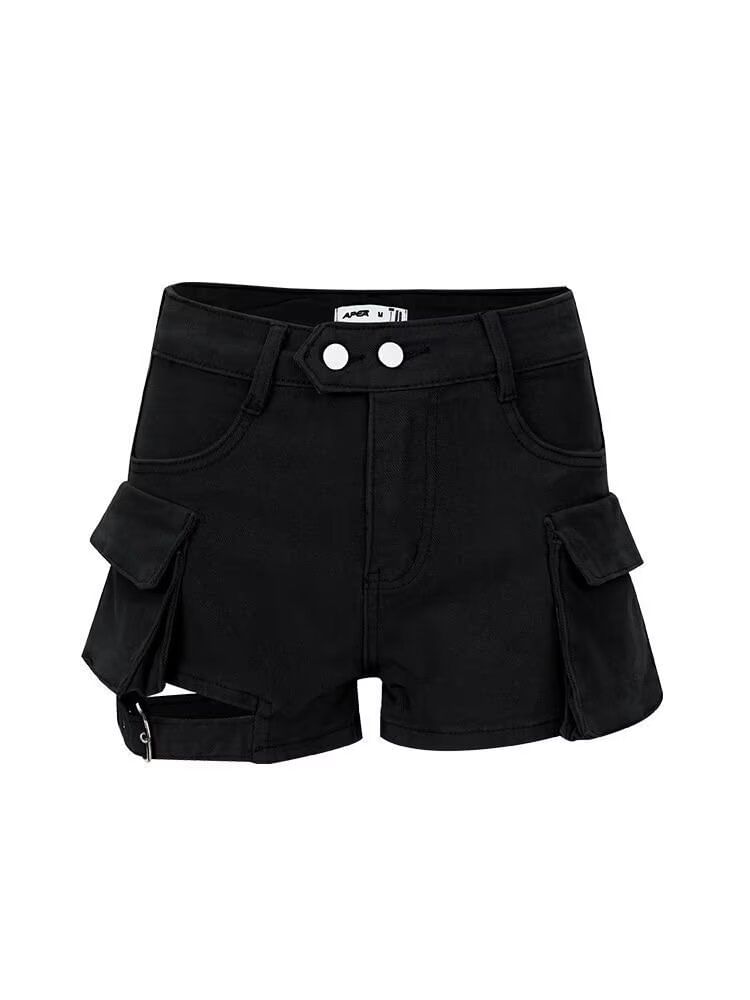 Ragistiq - Hoge taille, effen denim cargobroek met uitsparingen en gespen