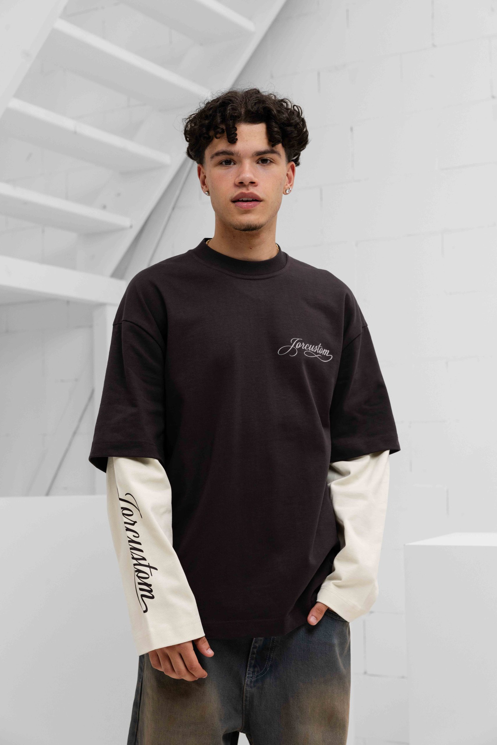 Jorcustom Handscript Double Layered Longsleeve T-Shirt Heren Bruin/Beige