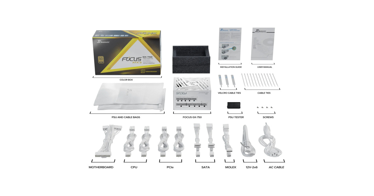 SeasonicFOCUS-GX-750-V4 ATX3.0 modulaire 750 watt voeding   (Wit, 1x 12VHPWR, 2x PCIe)