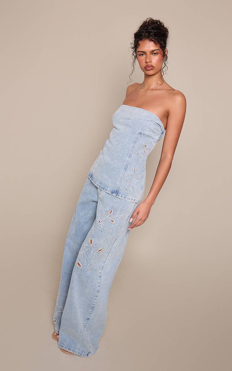 Mid Blue Wash Top Bandeau Long En Jean Bleu Moyen Avec Détails Brodés
