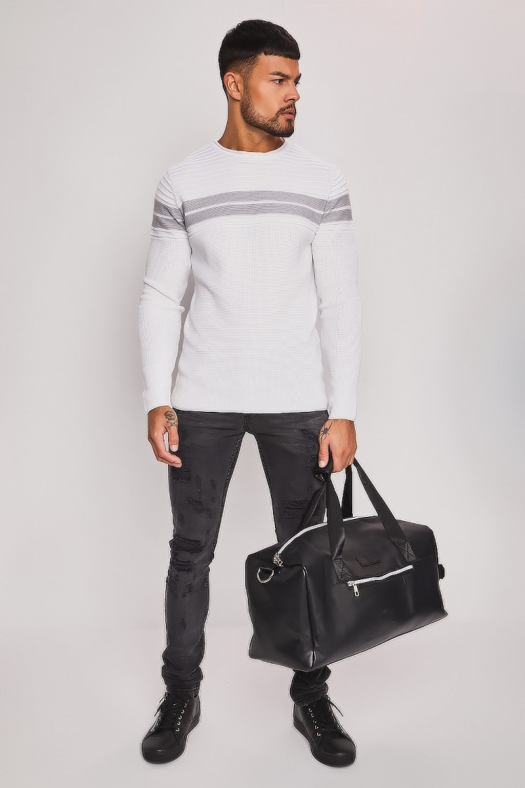 Pull blanc à bandes rayée noire