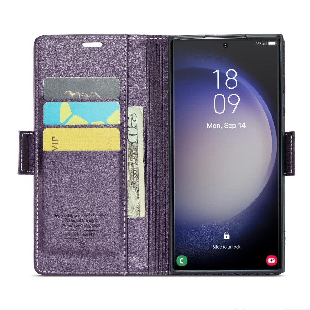 Samsung Galaxy S23 Ultra 5G Leder Tasche Flip Wallet Etui mit Kartenfächern Litchi Look (RFID Schutz) - Violett