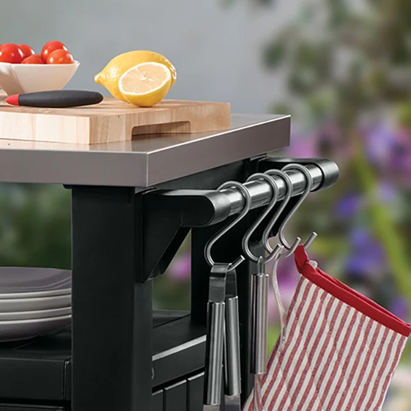 Desserte de jardin en résine et plateau inox 2 portes