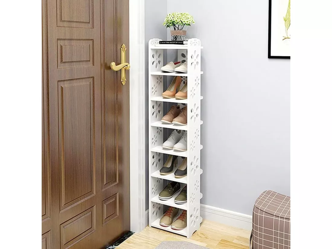 Meuble à Chaussures 8 Niveaux en Bois Plastique,Étagère de Rangement à Chaussures,26x25x111CM,Blanc