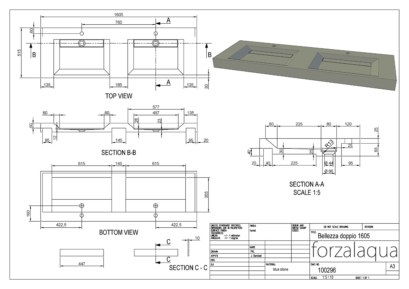 Forzalaqua Bellezza wastafel 160x50cm met 2 kraangaten graniet