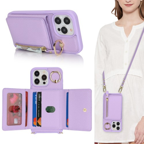 iPhone 13 Pro Necklace Leder Hülle mit Münzfach und Kartenfächer   Finger Griff Halterung   Handykette - Lila