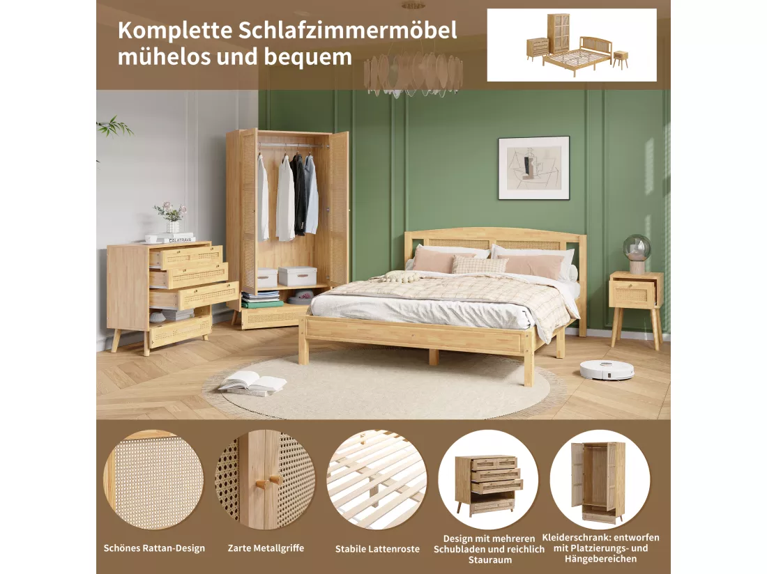 Ensemble lit adulte 160 x 200 cm avec table de chevet + commode + armoire - pin + panneaux de particules + rotin PE - naturel