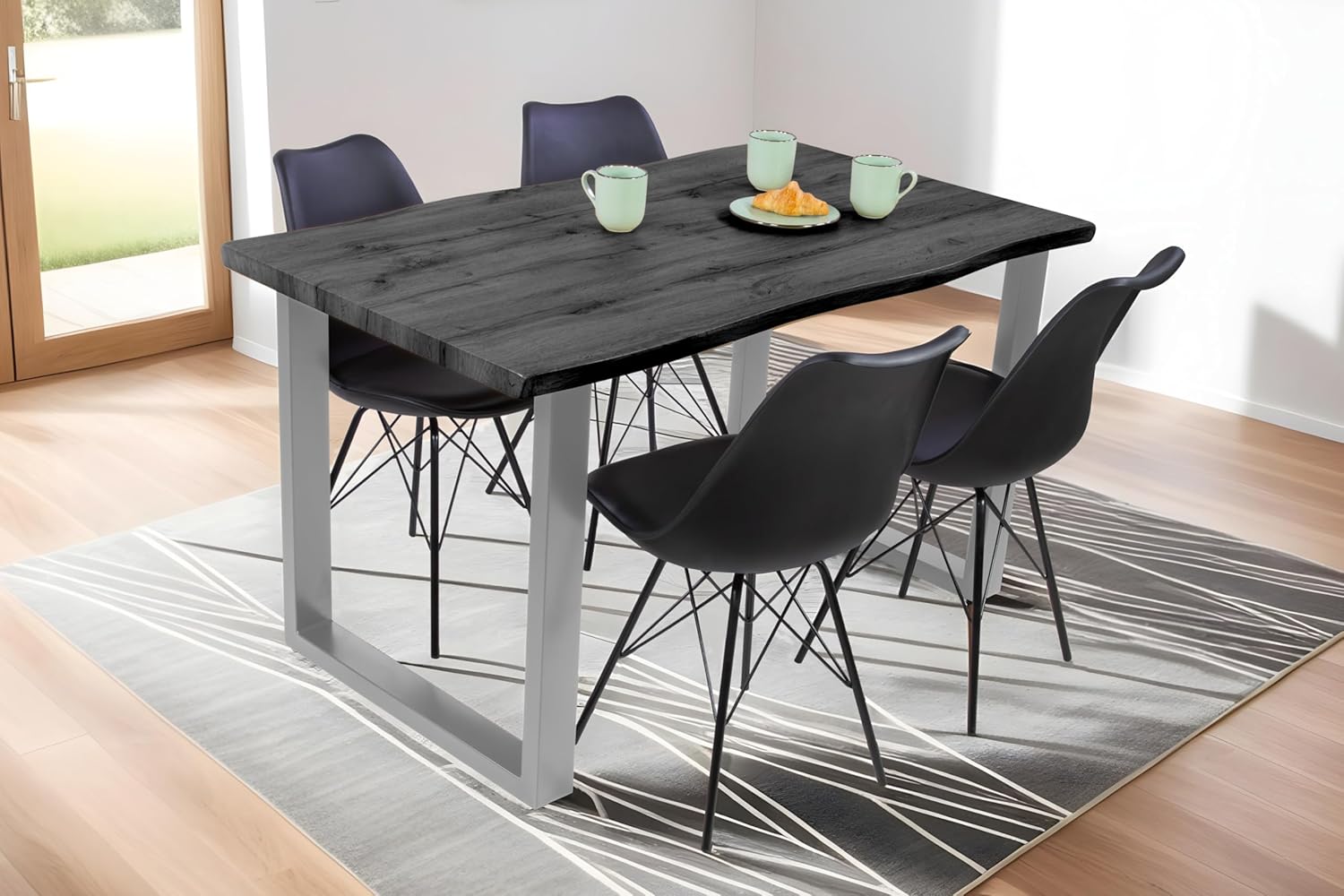 SAM Esstisch Josy | 140 x 80 cm | Holz-Optik in Grau | U-Gestell Metall Silber | 40 mm Tischplatte mit Baumkante | Tisch für Esszimmer & Küche