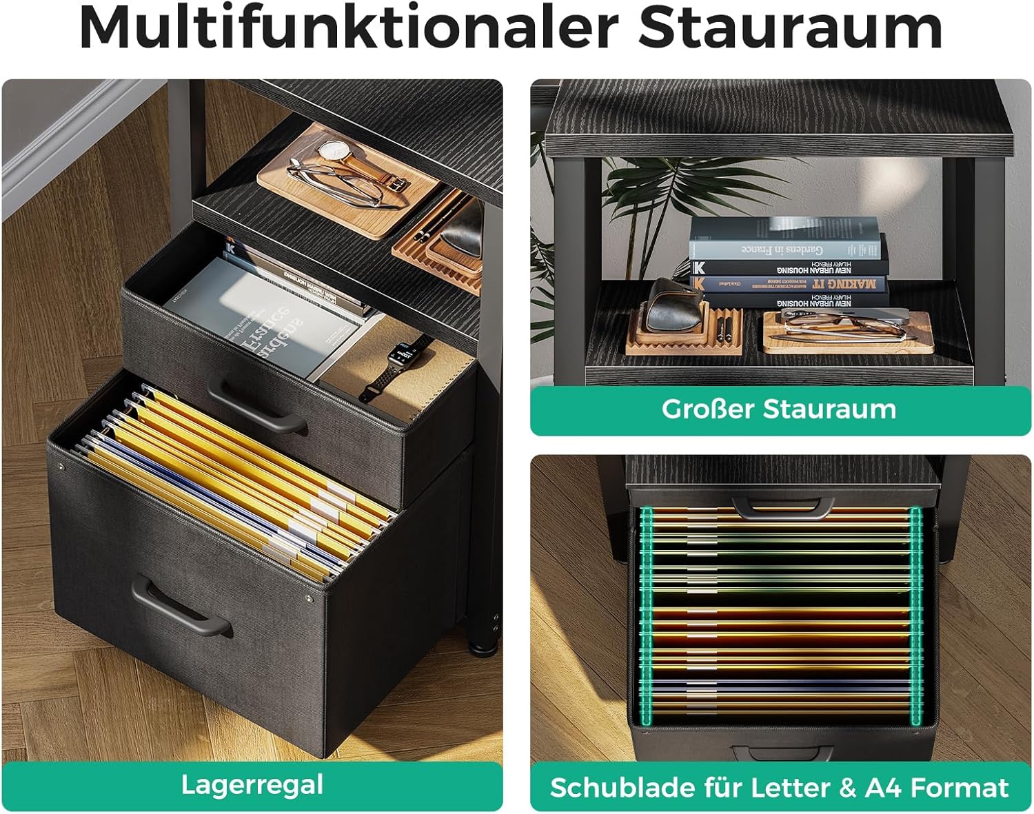 Coleshome Schreibtisch mit Stoff Schubladen, 140x80cm Umkehrbarer Schreibtisch L Form mit Aktenschublade, Eckschreibtisch mit USB-Ladeanschluss und Steckdose, Home Office Schreibtische, Schwarz