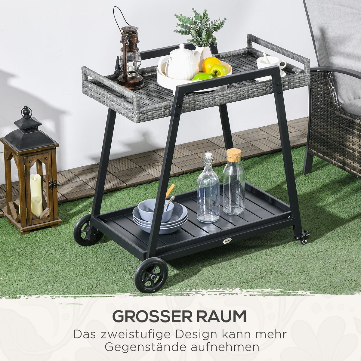 Outsunny Rattan Serveerwagen met Plank, Tuintrolley met Handgrepen, 79L x 52B x 82H cm, Staal, Grijs