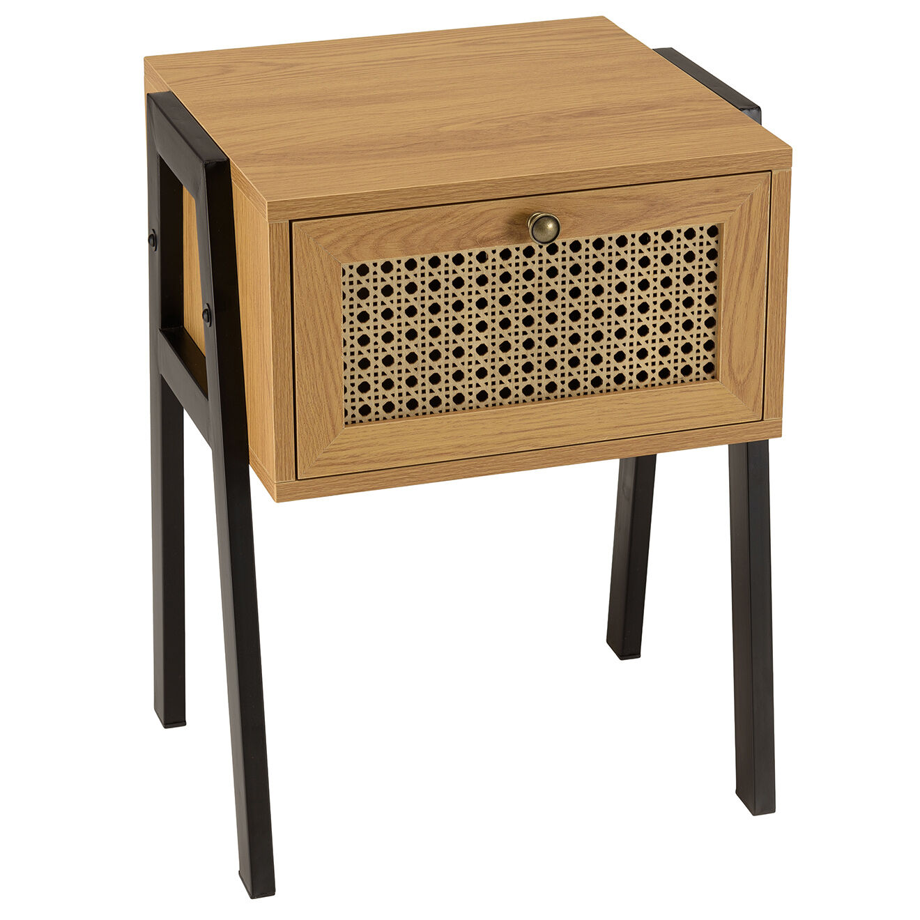 Macabane Chevet 1 tiroir rotin pieds inclinés marron - 44x40x57.5 cm