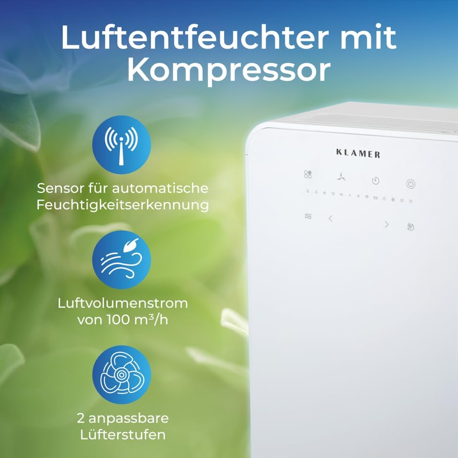 KLAMER Luftentfeuchter elektrisch 12L, 100m³ Luftumwälzung pro Stunde, 280W starker Raumentfeuchter, Entfeuchter mit bis zu 2 Liter Fassungsvermögen