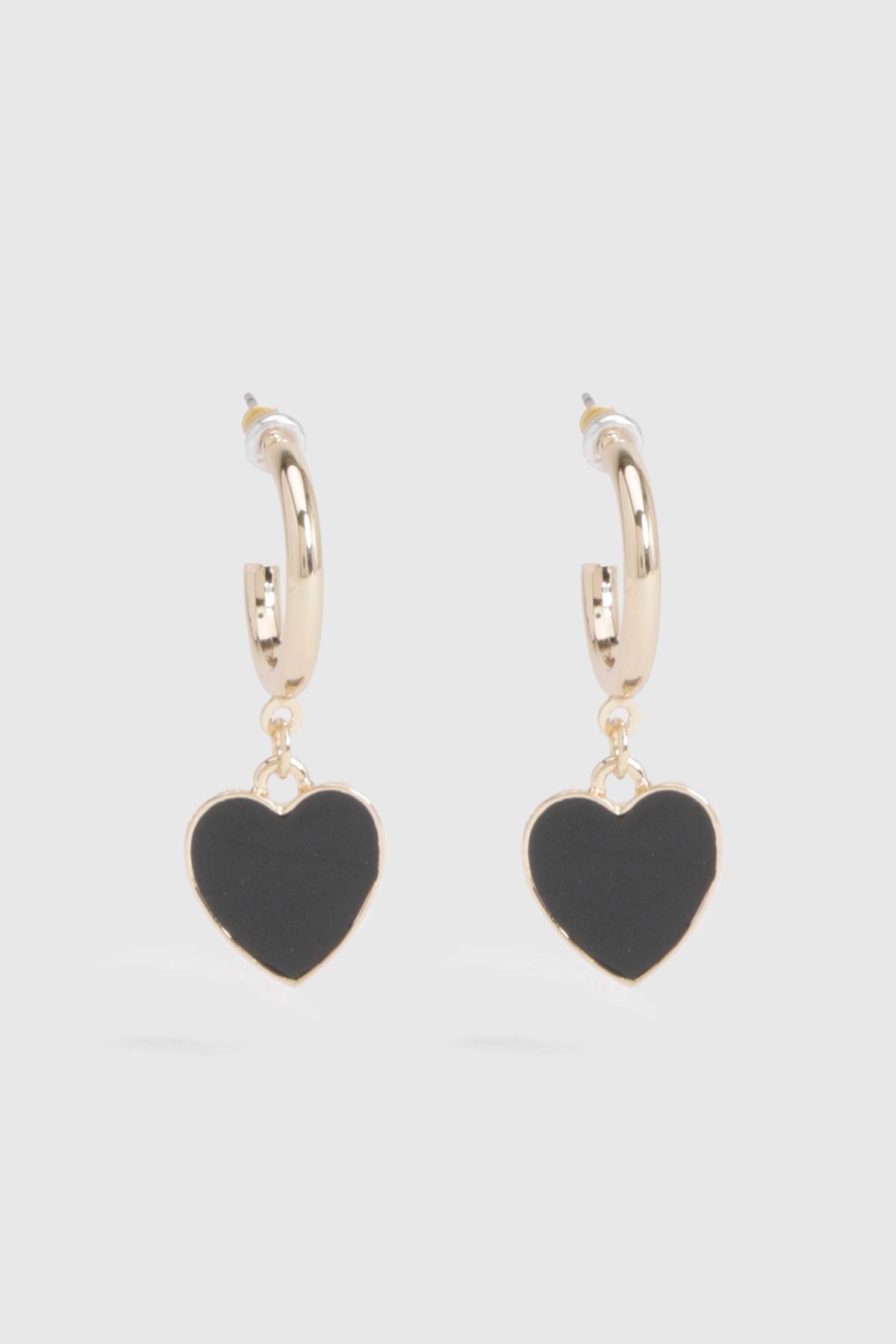 boohoo Boucles d'oreilles créoles pendentives en émail noir en forme de cœur