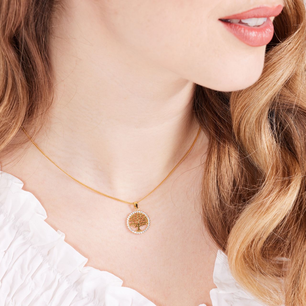 Zilveren goldplated ketting levensboom zirkonia