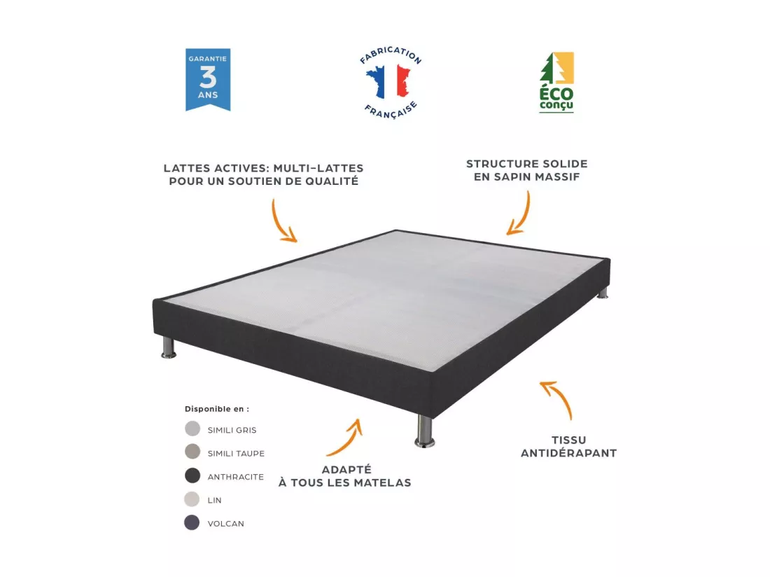 Sommier tapissier + pieds Omega Gris 3 80x190 Lattes bois - H.15 cm - Made in France