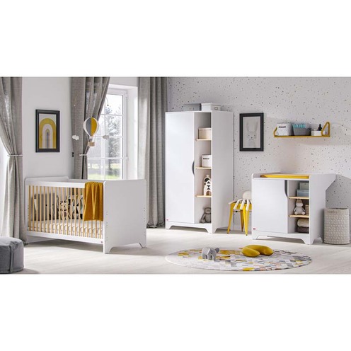 Chambre TRIO Lit 60x120 Commode Armoire LEAF Blanc/Bois - VOX