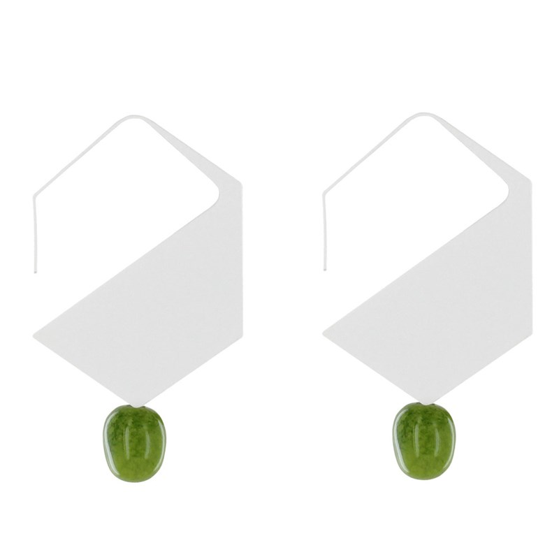 Boucles d'Oreilles Crochet Plat Métal Argenté Hexagone et Perles Céramique