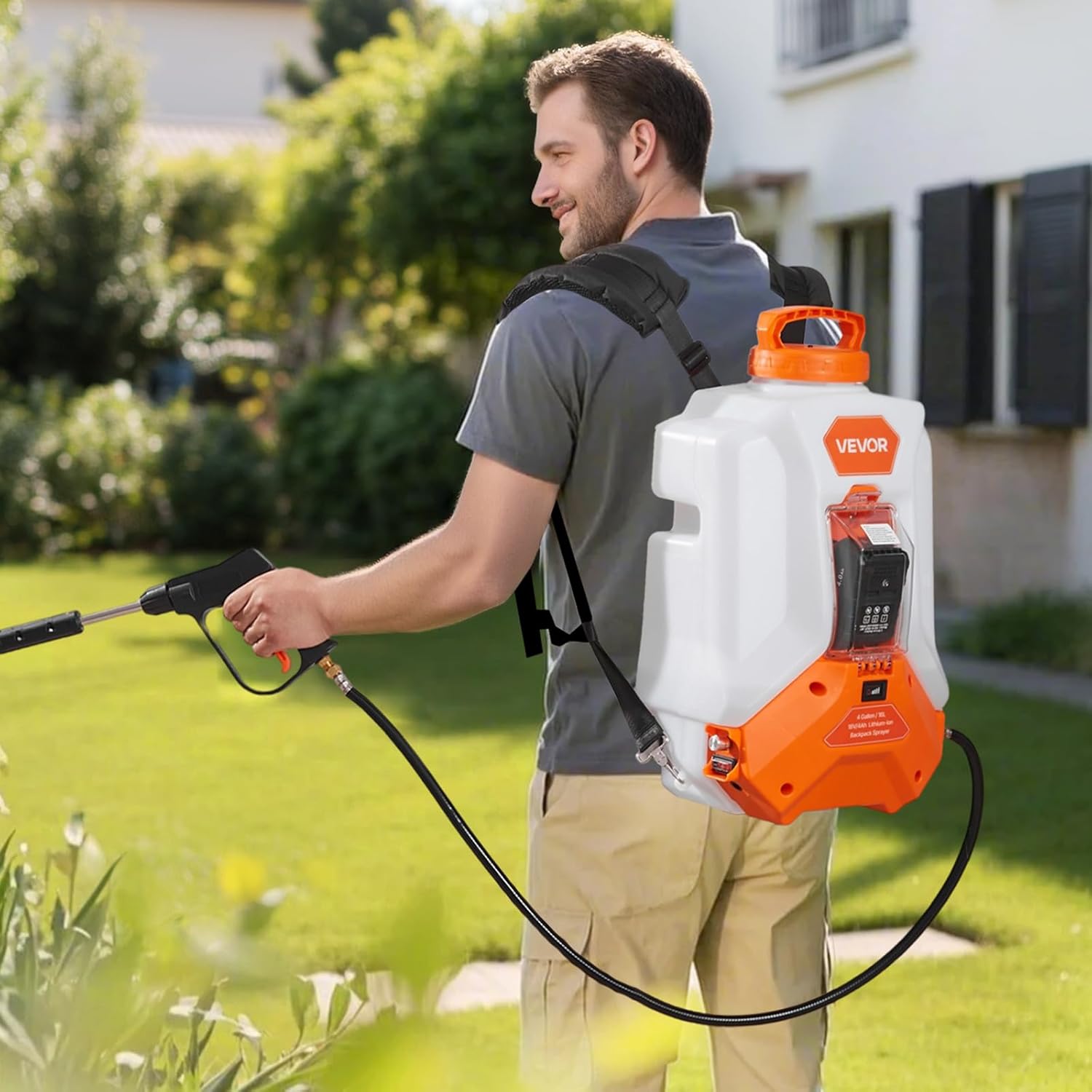 VEVOR Akku-Drucksprüher, 16 L elektrisches Sprühgerät, 2 Stäbe & 8 Düsen, einstellbar 0–6 bar, 4 Stunden Laufzeit, tragbare Rucksacksprühgerät für Hof & Garten zum Jäten, Sprühen und Reinigen