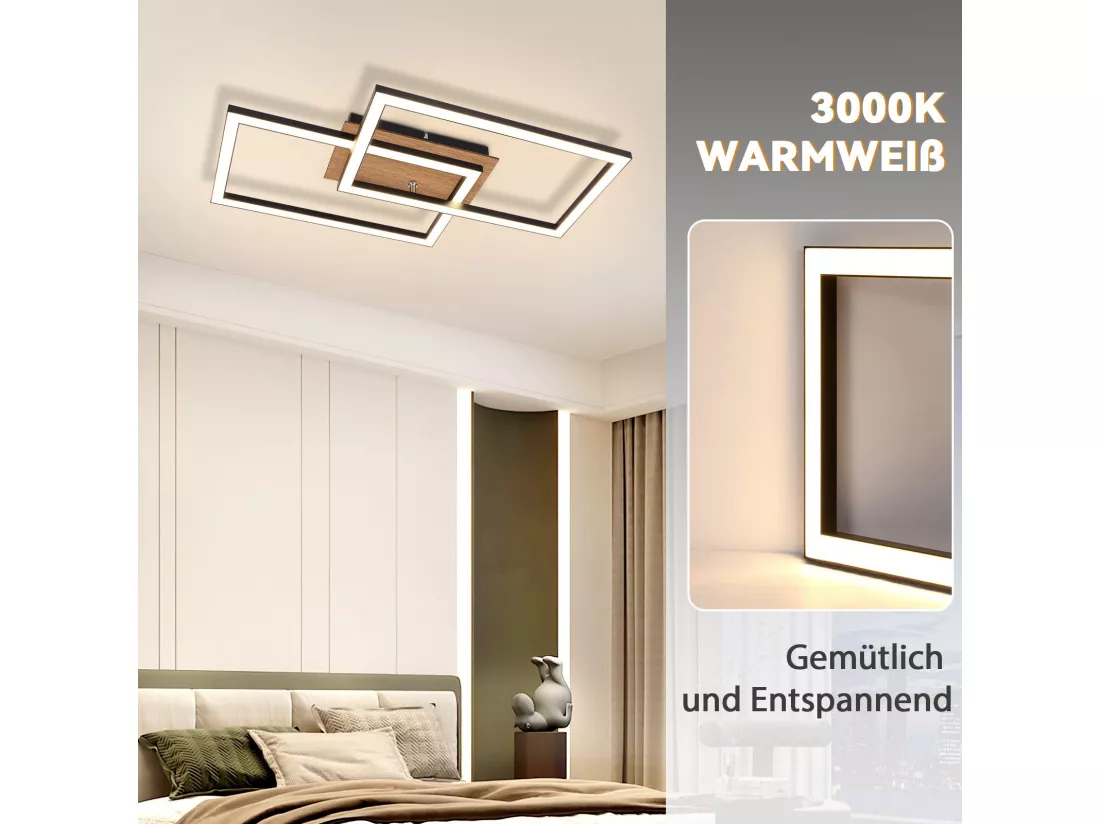 NETTLIFE Plafonnier LED Moderne Plafonnier Bois 3000K Blanc Chaud Noir Rectangle Design 24W