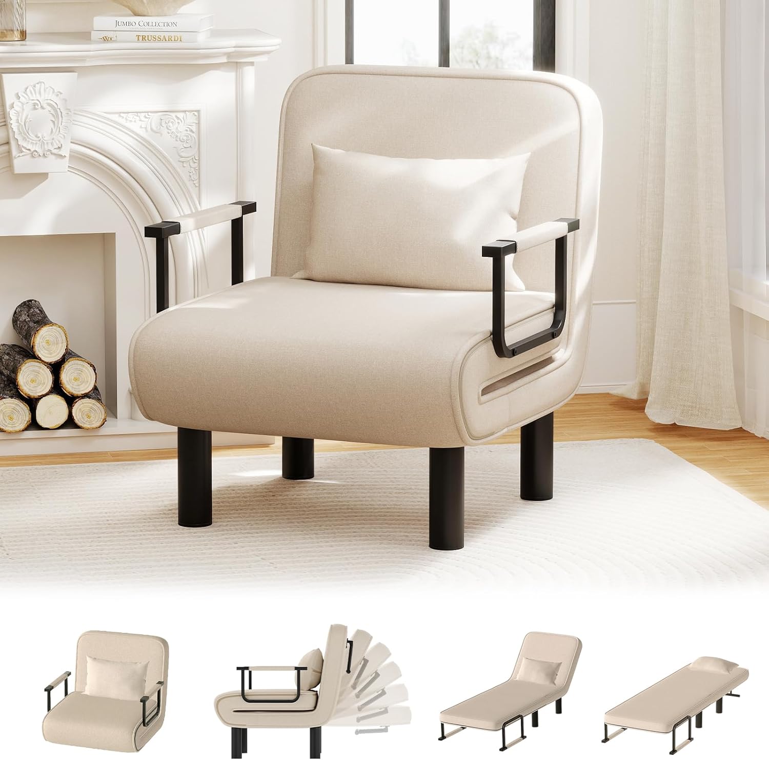 Schlafsessel 4 in 1 mit Bettfunktion, Gästebettfür, Schlafsofa mit Bettfunktion, Sessel mit Schlaffunktion mit Verstellbar Rückenlehne für Wohnzimmer Schlafzimmer Balkon, Beige