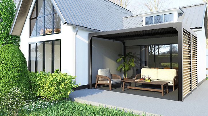 Pergola bioclimatique aluminium gris + ventelles latérales imitation bois 3,6 m x 3 m 10,80 m2