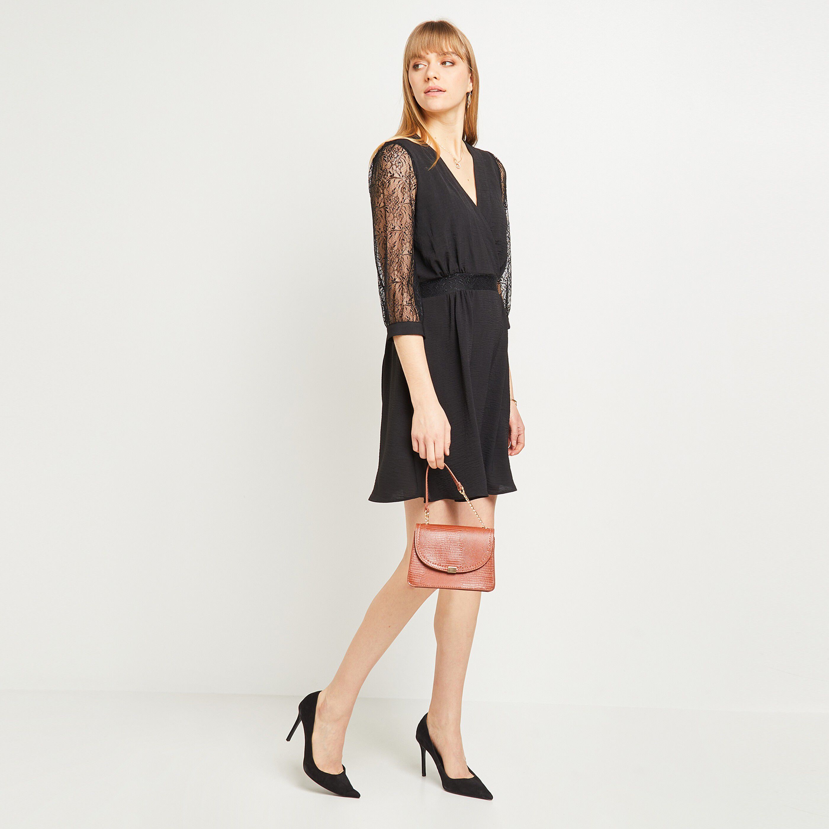 Robe manches dentelles femme - NOIR
