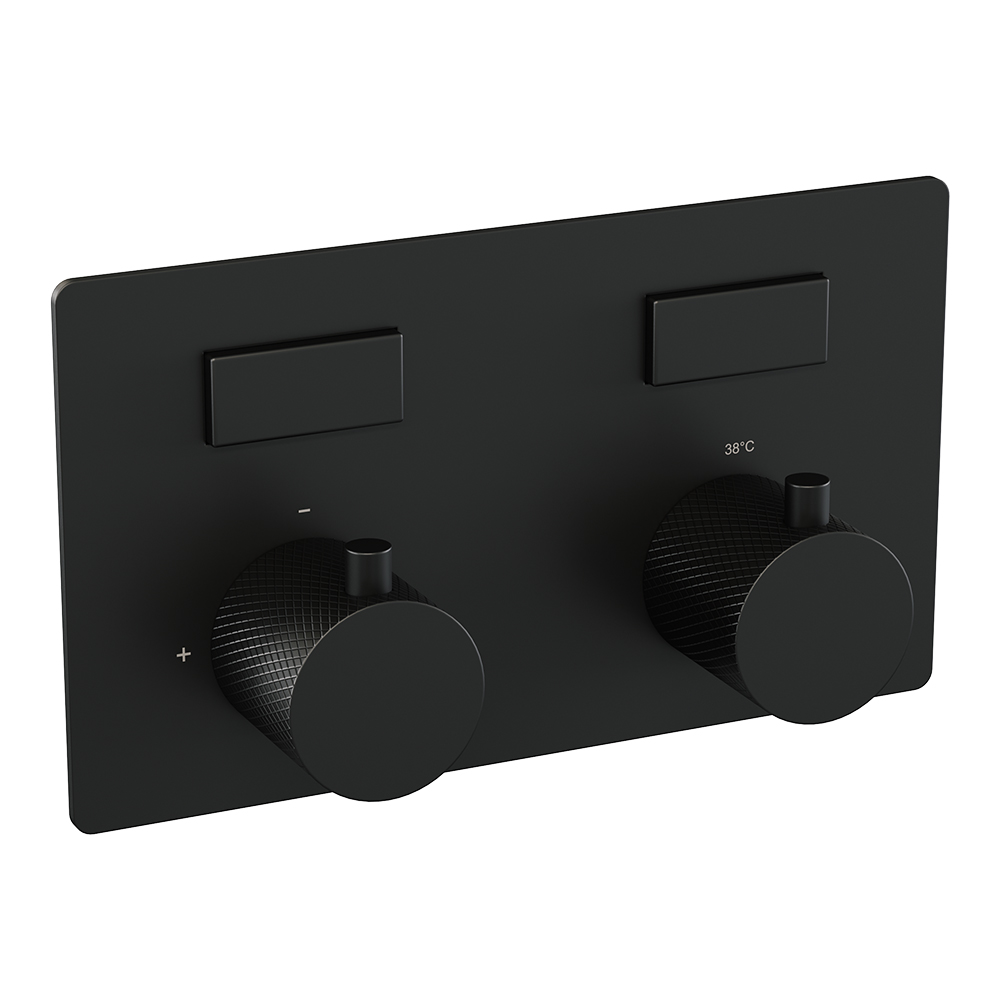 Brauer Black Carving thermostatische inbouw badkraan met badvulcombinatie en staafhanddouche set 3 zwart mat