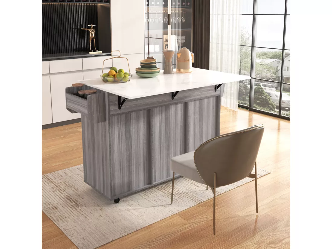 Ilot central de cuisine mobile avec 2 portes et 3 tiroirs - plateau extensible - 129x46/71x91,5 cm - Bois MDF + métal - Gris+ blanc