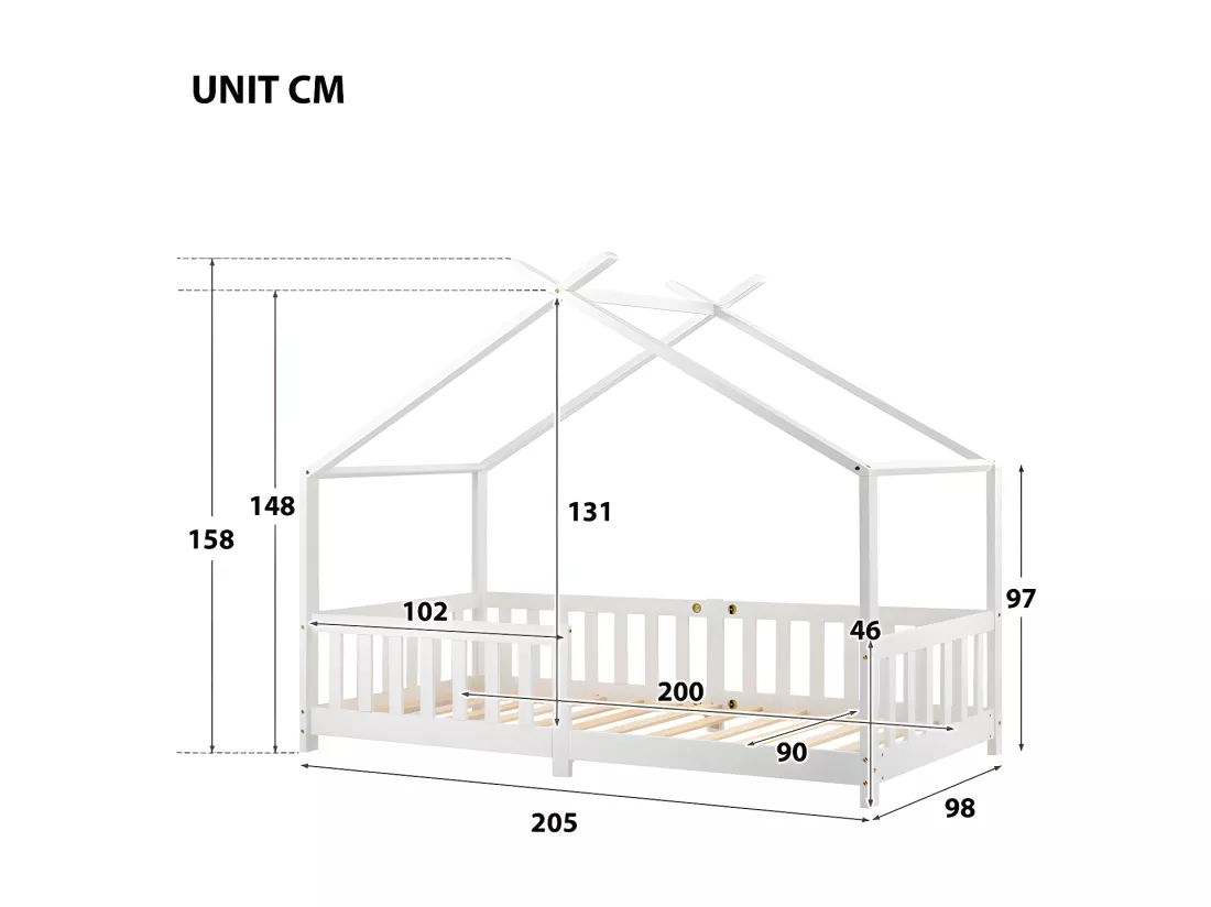 Lit cabane lit enfant 90x200cm en bois massif avec protection antichute et sommier à lattes - Blanc