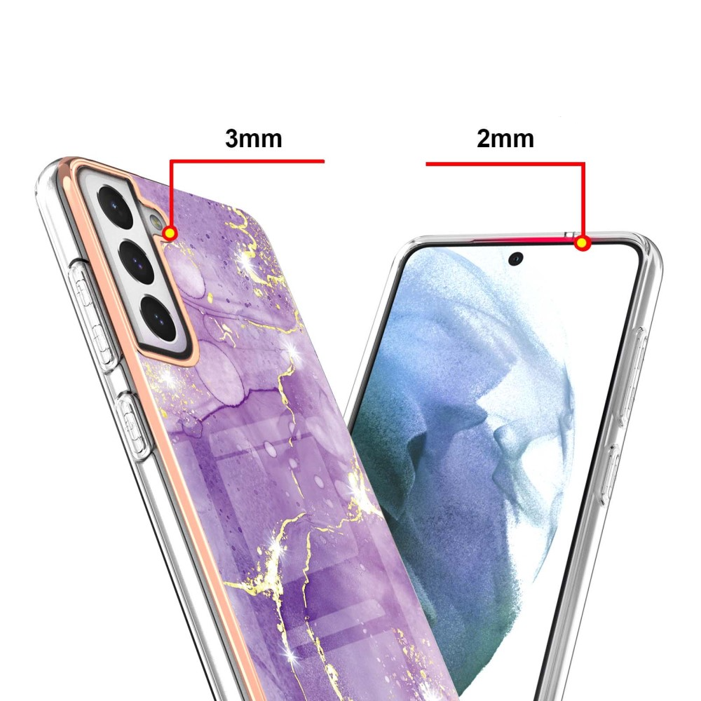 Samsung Galaxy S21 FE 5G Gummi Case Hülle Galvanisierter Rahmen Marble Marmor Design - Violett / Roségold