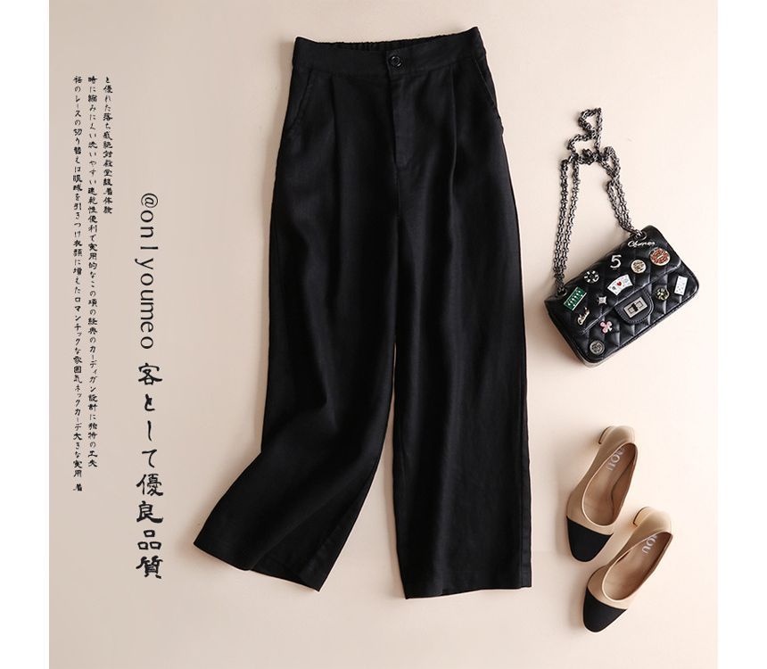 INEN - Effen linnen cropped broek met elastische taille en wijde pijpen