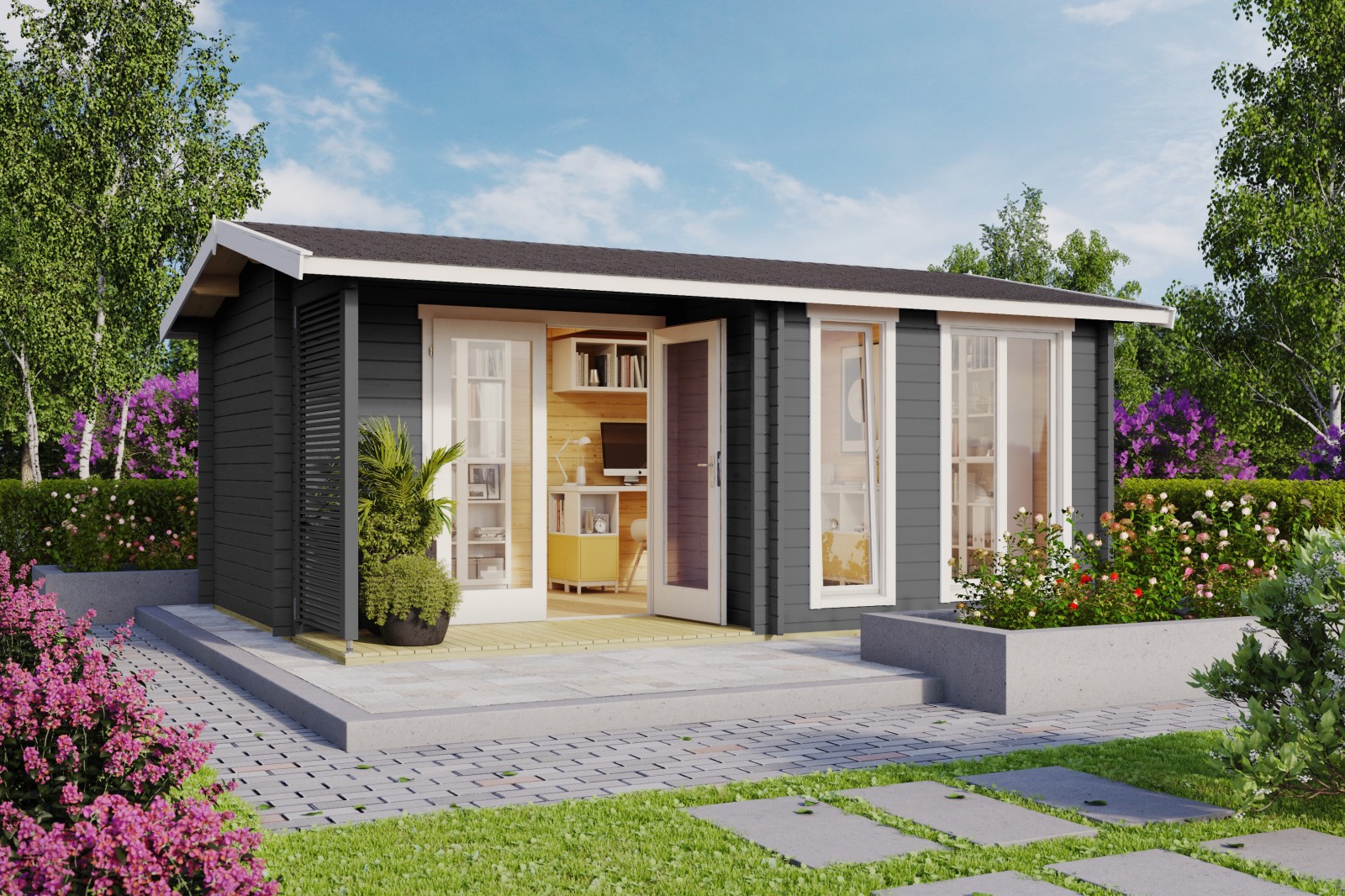 Gartenhaus BRIGHTON 44 - carbongrau - Fichte massiv - 520x370 cm
