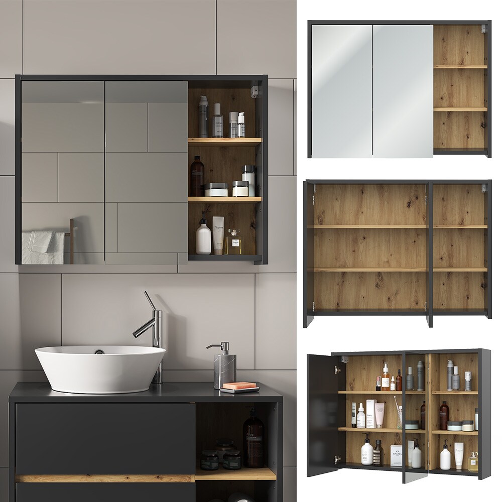 Vicco Spiegelschrank Badschrank Badezimmermöbel Viola Anthrazit Eiche modern 100x75 cm Badspiegel Badezimmer Schrank Badmöbel Schranktür Schrankfach