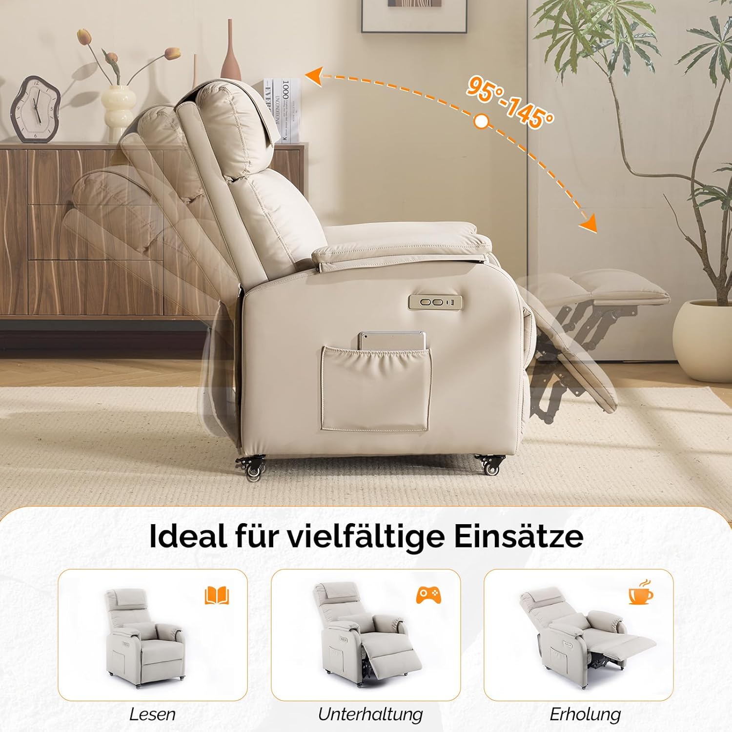 Bonnlo Relaxsessel, Fernsehsessel, Elektrisch Massagesessel mit Liegefunktion, TV Sessel, 2-Punkt-Massage & Wärmefunktion, USB-C & USB-A Anschlüsse, 1 Seitentasche, Kratzfestes Leder, Beige