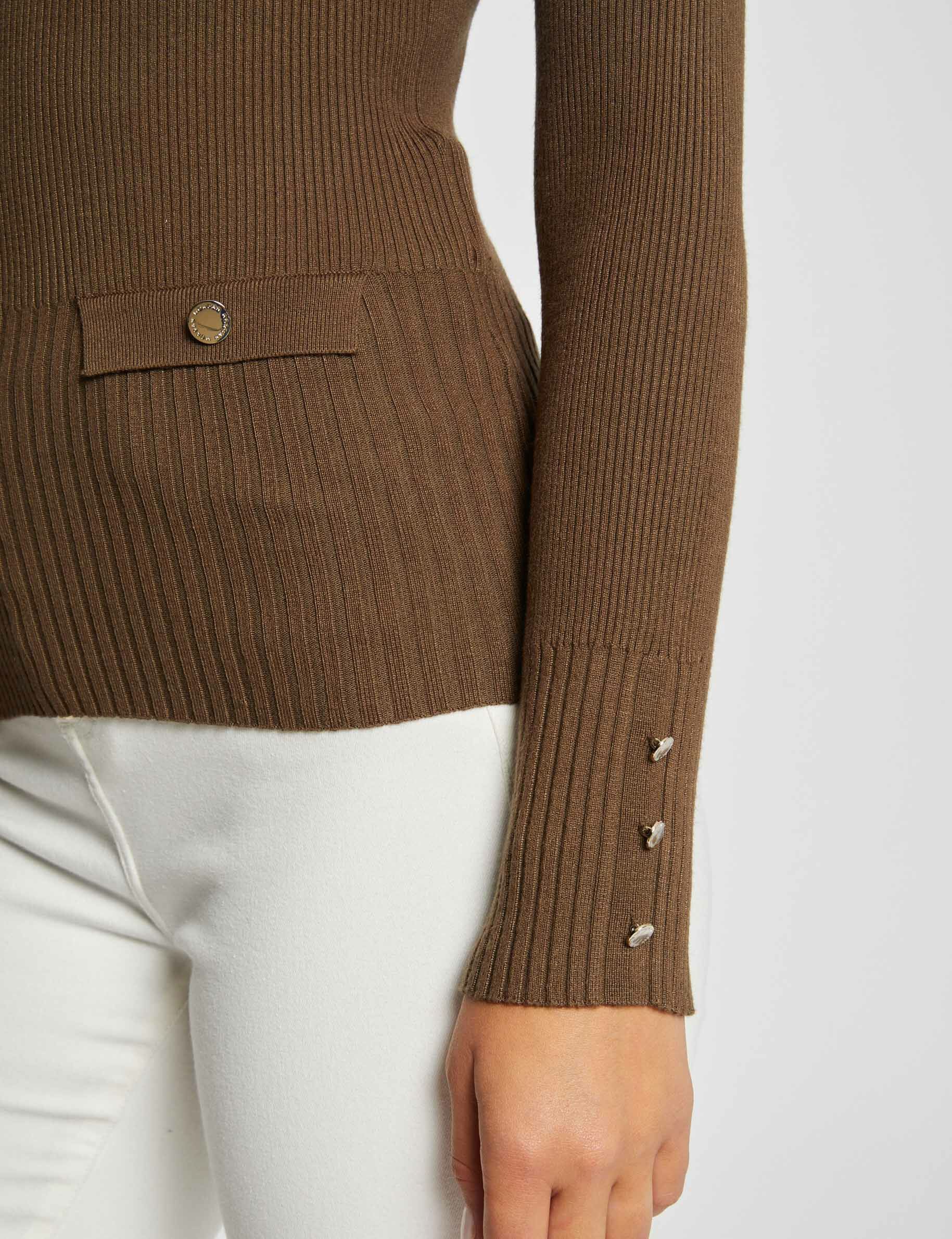 Pull manches longues côtelé à col en V vert moyen femme - vert_moyen