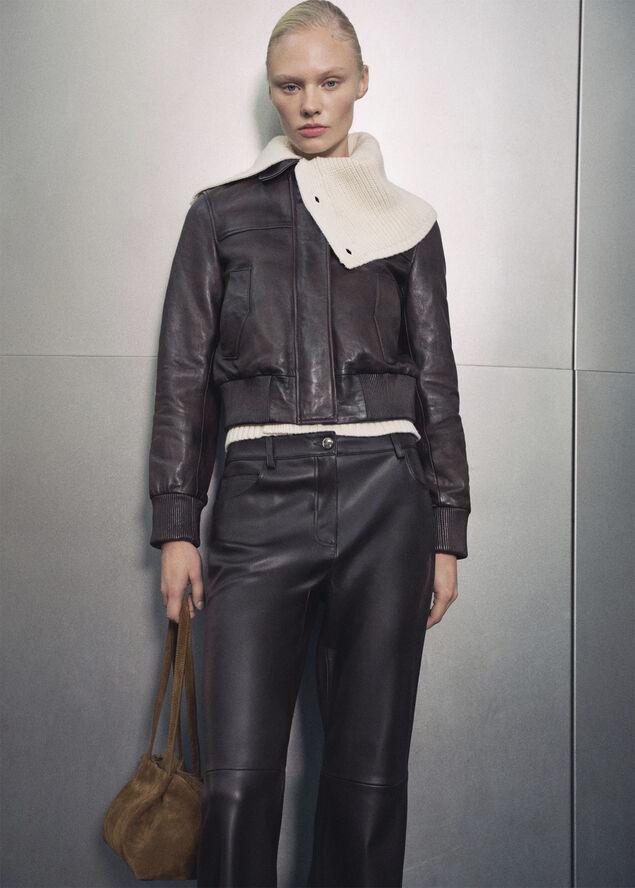 MANGO 100% leather bomber jacket Brown