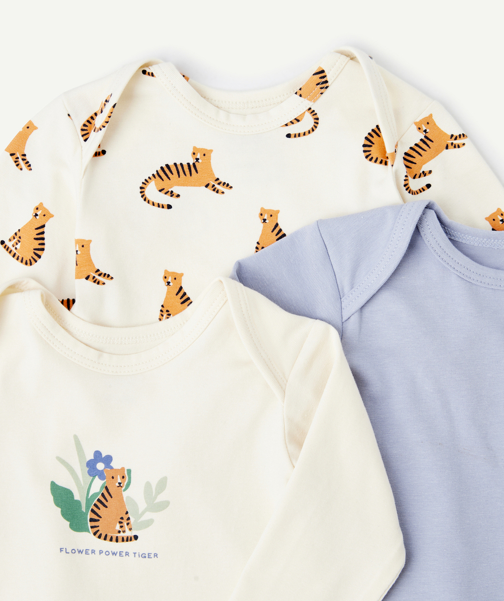 LOT DE 3 BODIES BÉBÉ GARÇON EN COTON BIO ÉCRU ET BLEU MOTIFS TIGRES