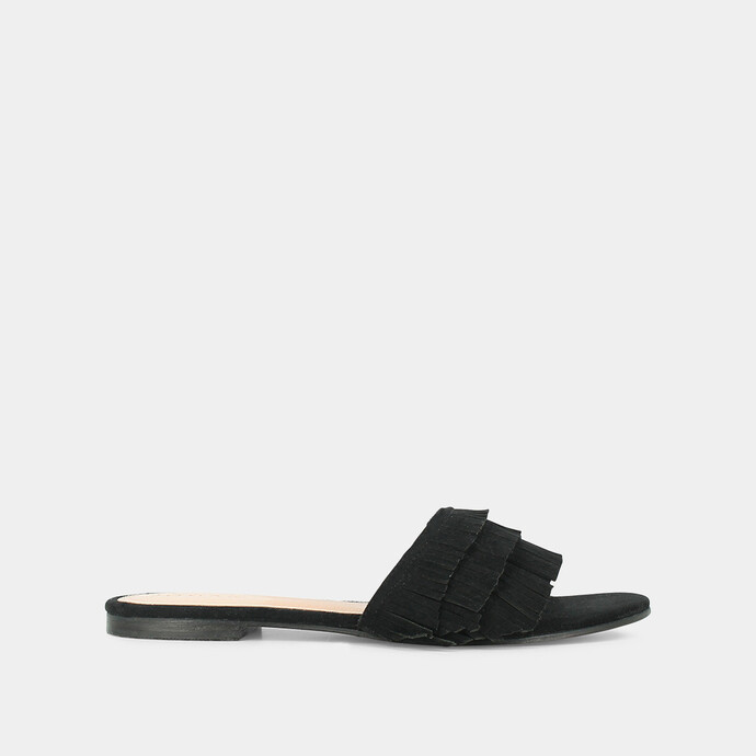 Mules en velours noir  à franges